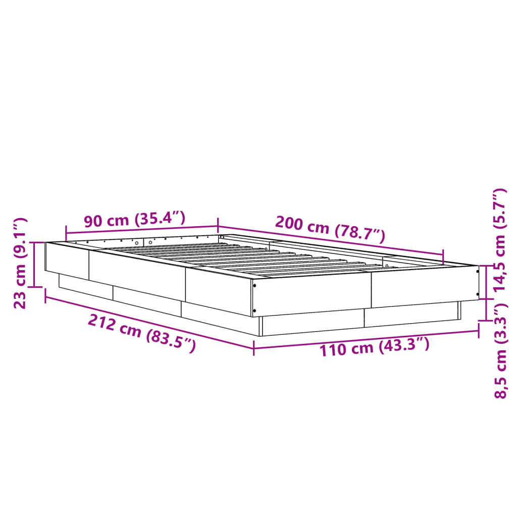 vidaXL Bedframe met LED-verlichting grijs sonoma eikenkleurig 90x200cm