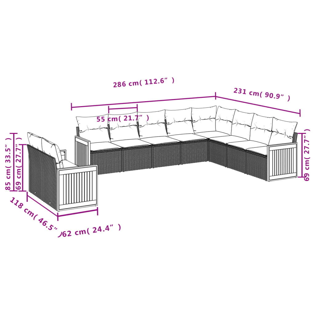 vidaXL 10-delige Loungeset met kussens poly rattan zwart