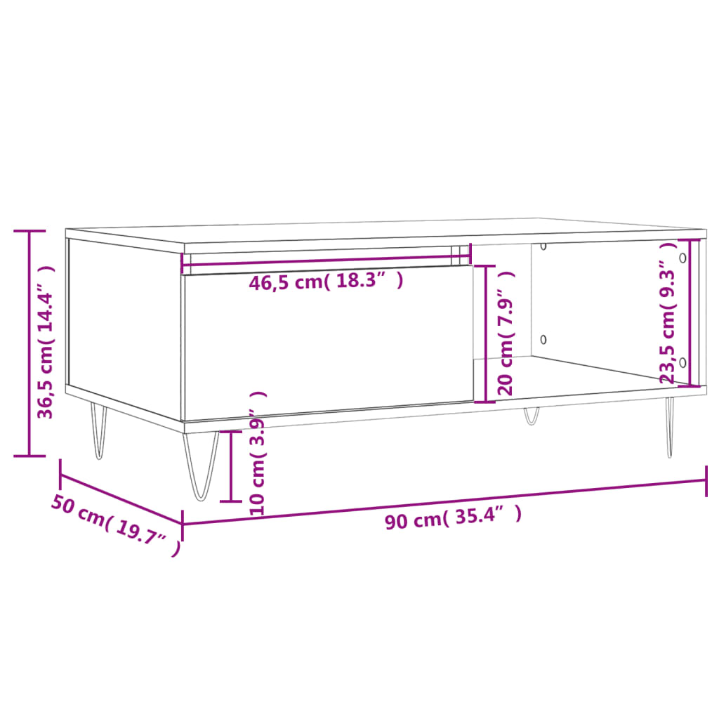 vidaXL Salontafel 90x50x36,5 cm bewerkt hout bruin eikenkleur