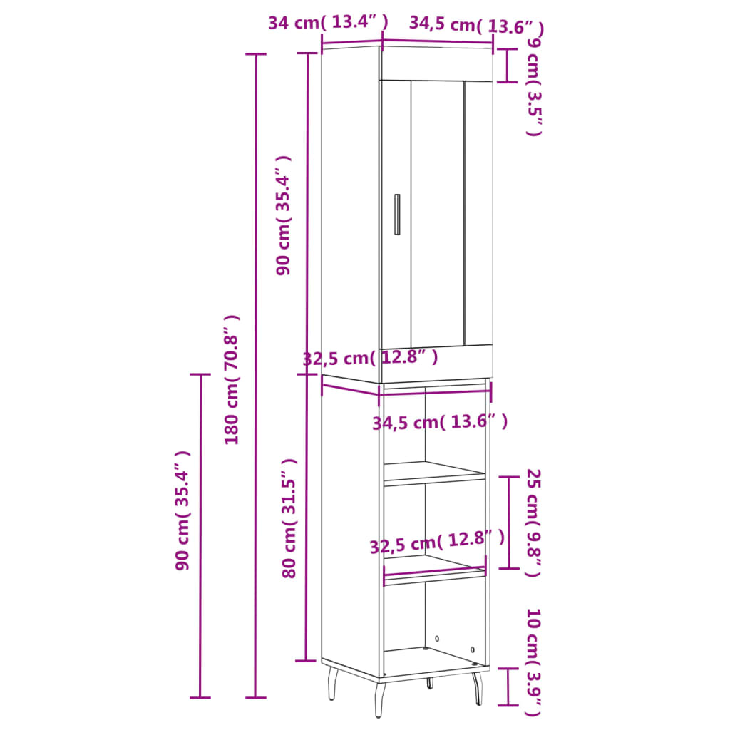 vidaXL Hoge kast 34,5x34x180 cm bewerkt hout wit