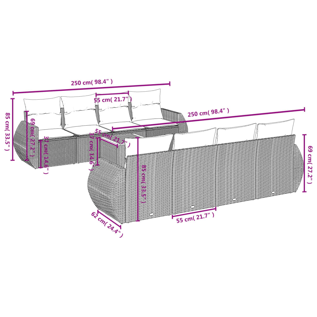 vidaXL 9-delige Loungeset met kussens poly rattan grijs