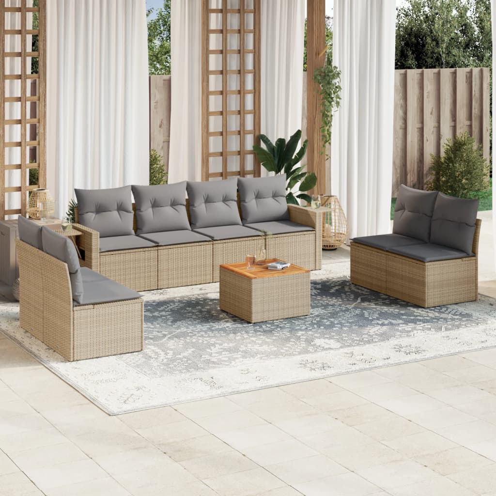 vidaXL 9-delige Loungeset met kussens poly rattan gemengd beige