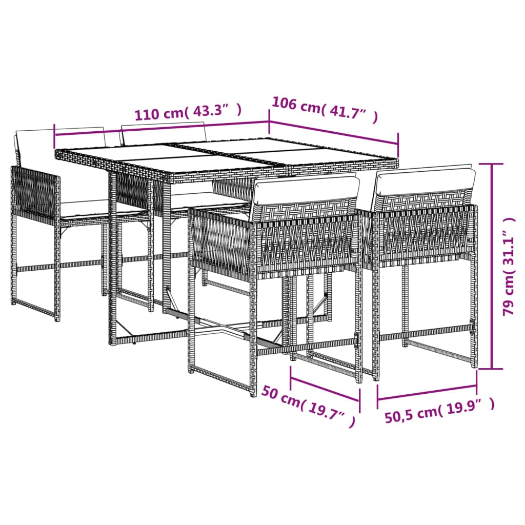 vidaXL 5-delige Tuinset met kussens poly rattan grijs