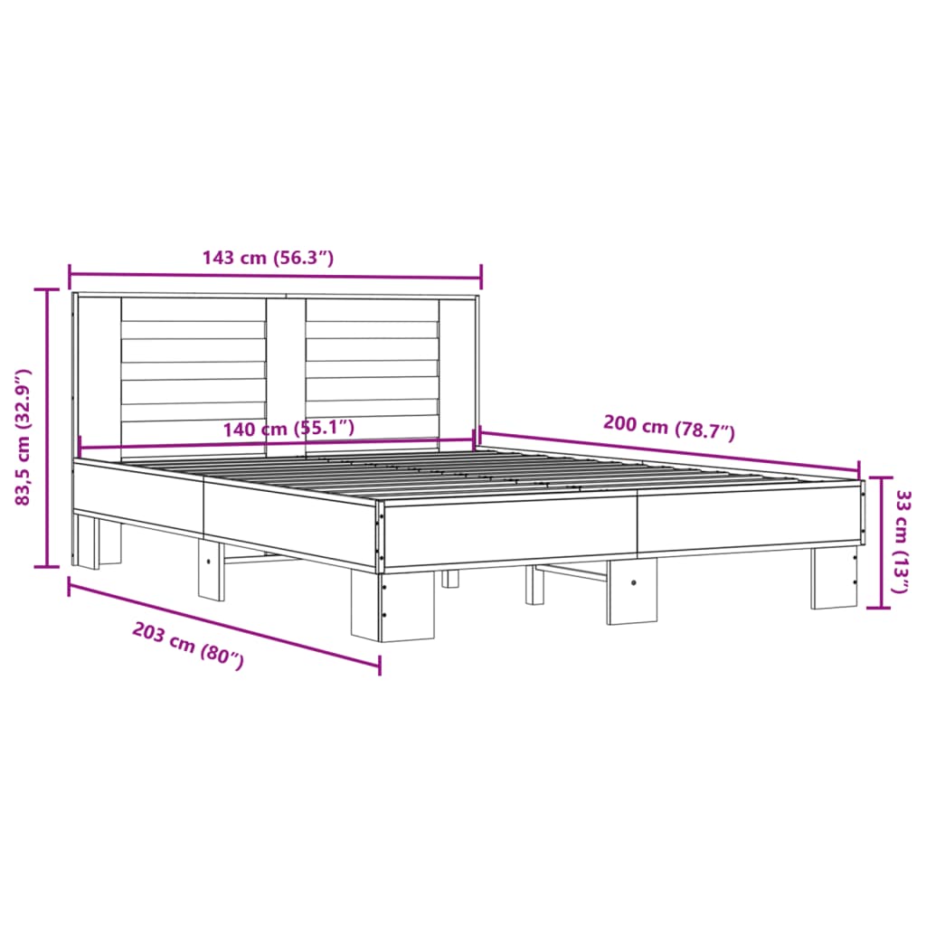 vidaXL Bedframe bewerkt hout metaal gerookt eikenkleurig 140x200 cm