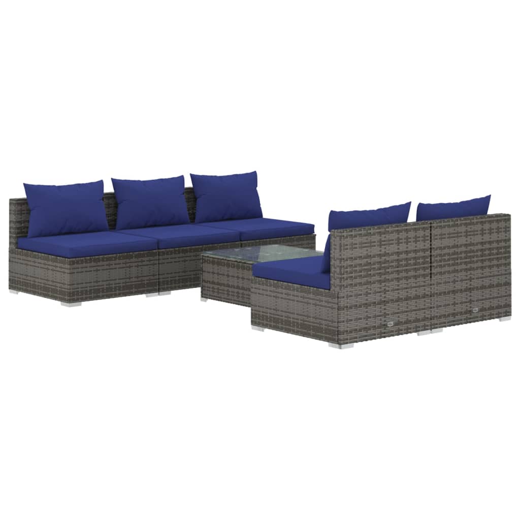 vidaXL 6-delige Loungeset met kussens poly rattan grijs