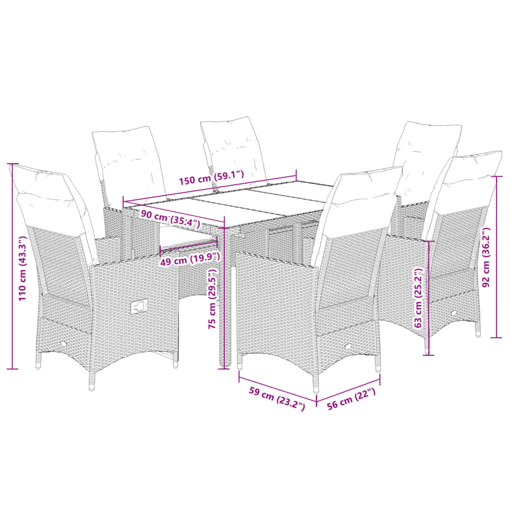 vidaXL 7-delige Tuinset met kussens poly rattan beige