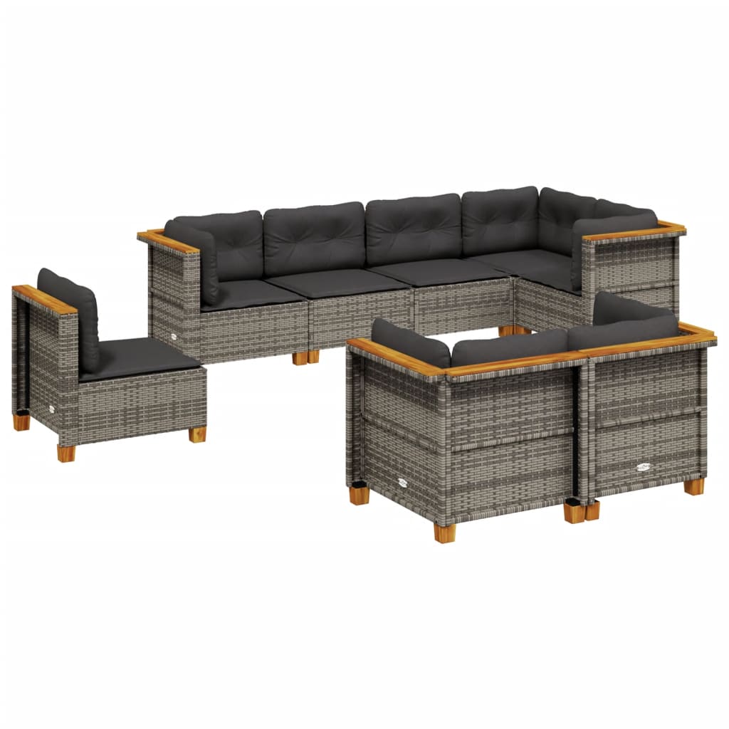 vidaXL 8-delige Loungeset met kussens poly rattan grijs