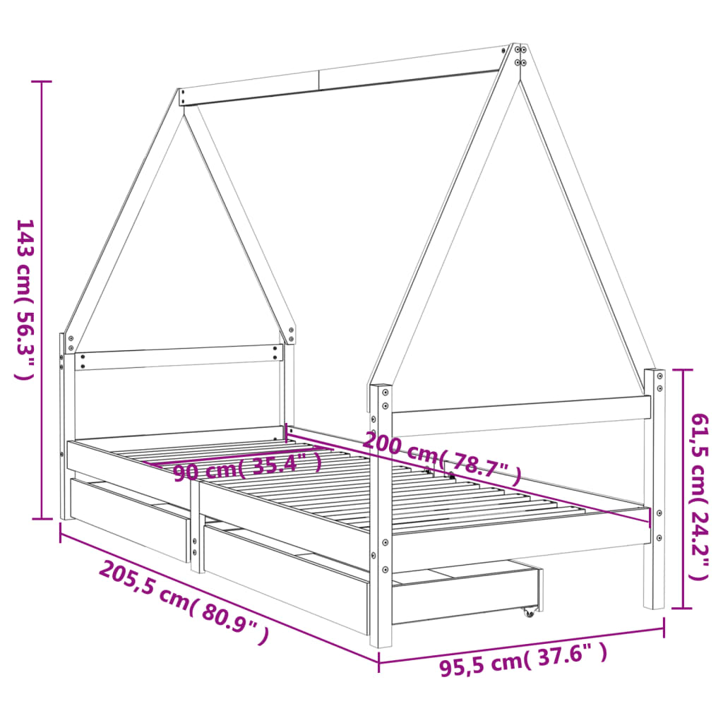 vidaXL Kinderbedframe met lades 90x200 cm massief grenenhout wit