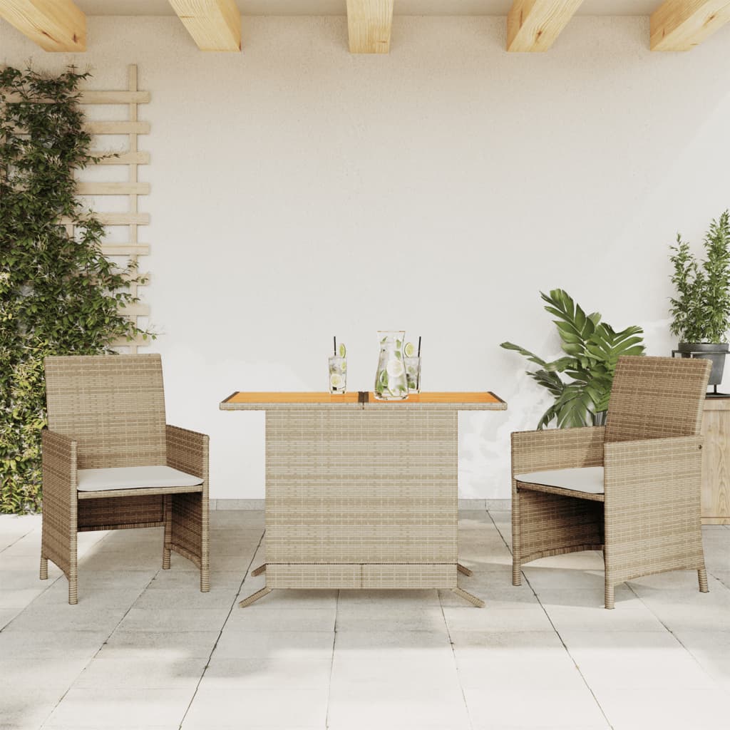 vidaXL 3-delige Bistroset met kussens poly rattan beige