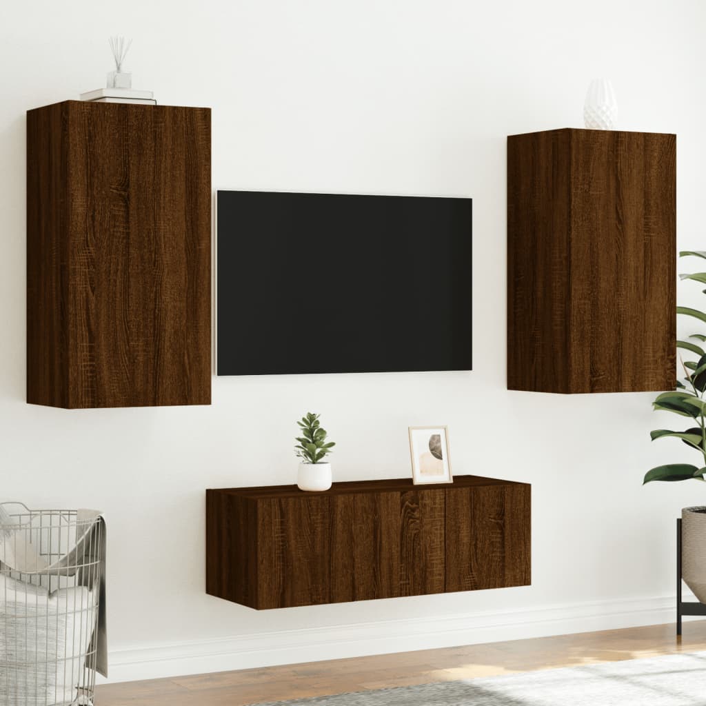 vidaXL 4-delige Tv-wandmeubelset met LED bewerkt hout bruineikenkleur