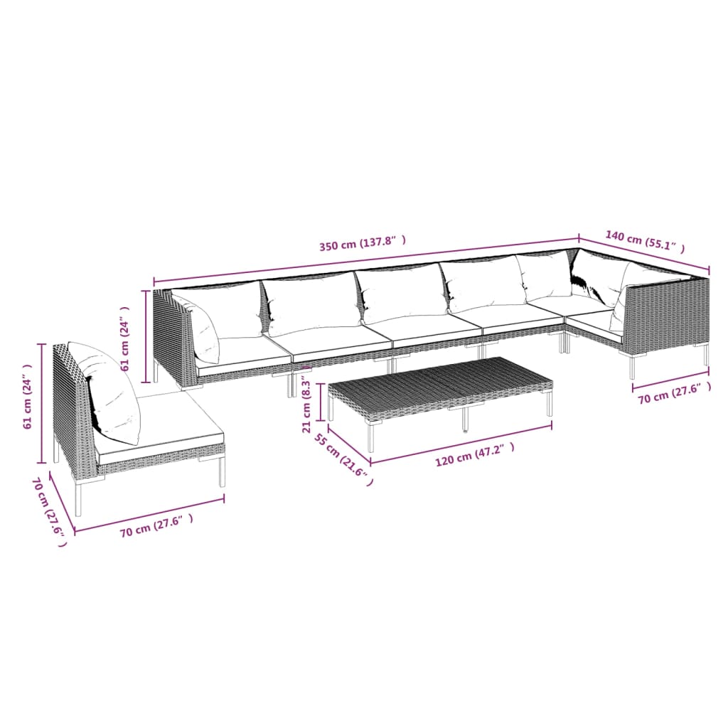 vidaXL 8-delige Loungeset met kussens poly rattan donkergrijs