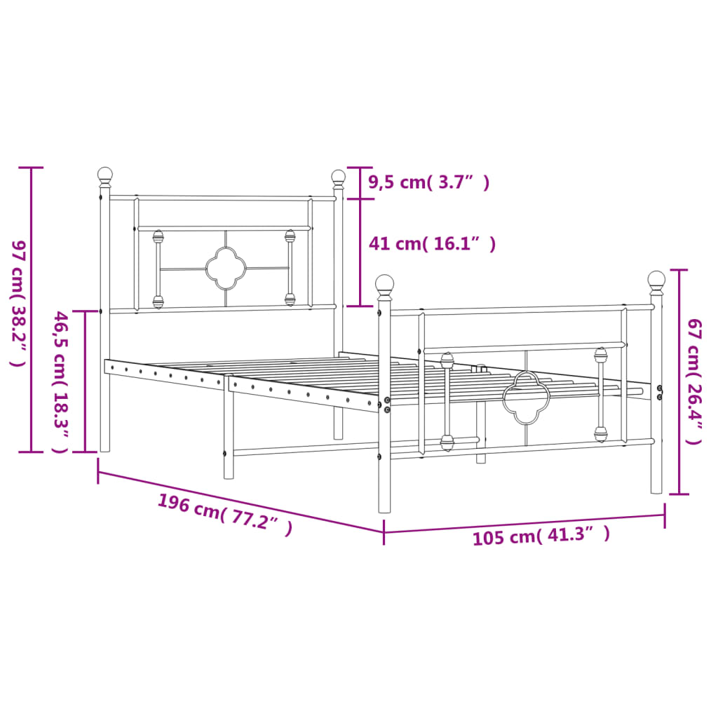 vidaXL Bedframe met hoofd- en voeteneinde metaal zwart 100x190 cm