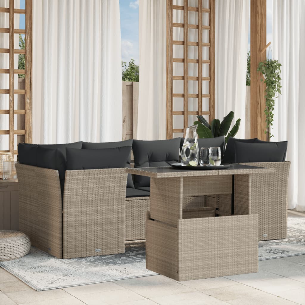 vidaXL 7-delige Loungeset met kussens poly rattan lichtgrijs