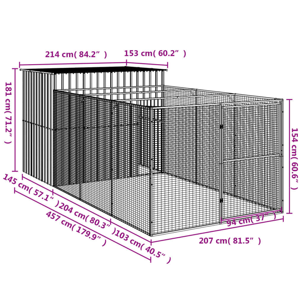 vidaXL Hondenhok met ren 214x457x181 cm gegalvaniseerd staal antraciet