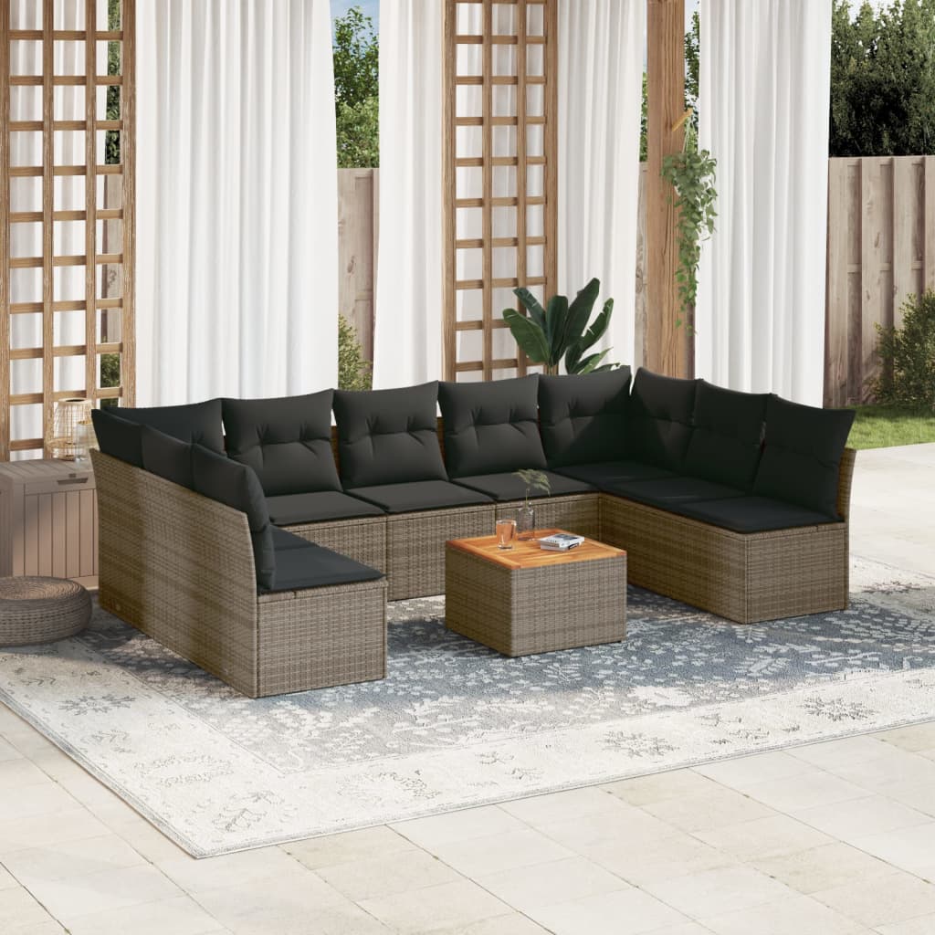 vidaXL 10-delige Loungeset met kussens poly rattan grijs