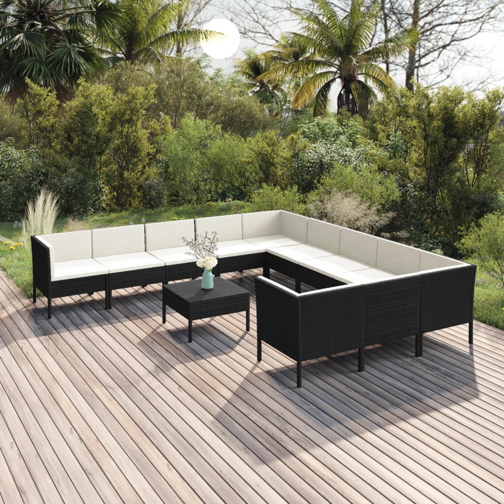 vidaXL 12-delige Loungeset met kussens poly rattan zwart