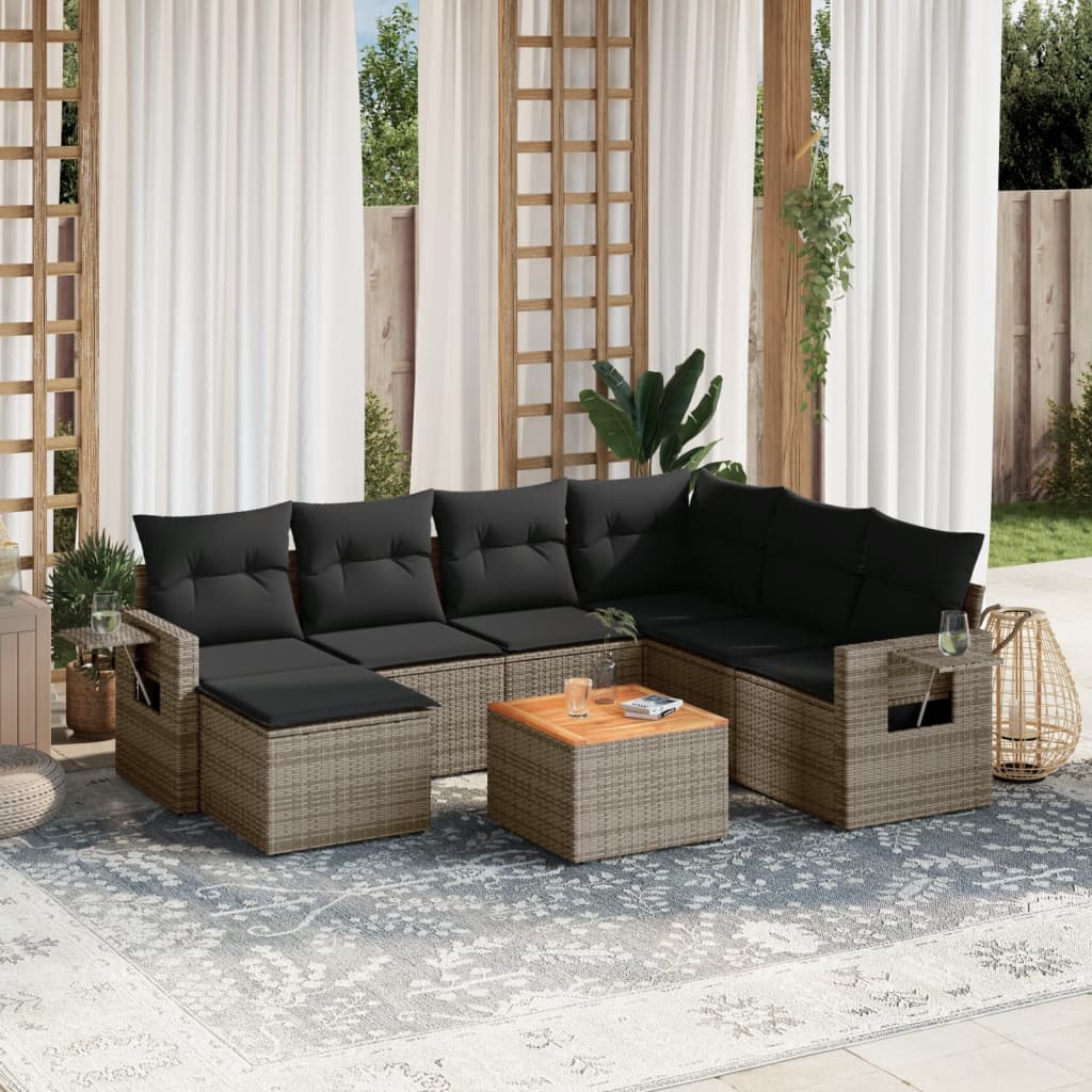 vidaXL 8-delige Loungeset met kussens poly rattan grijs