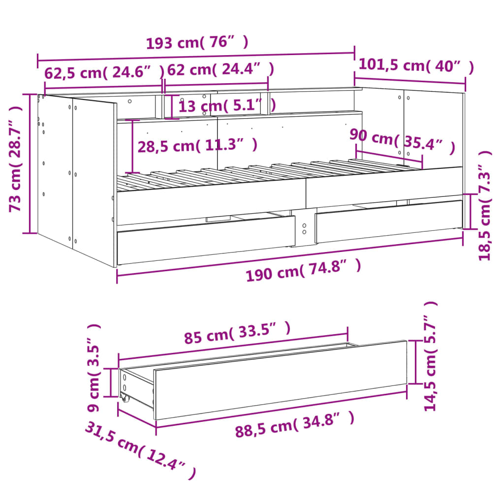 vidaXL Slaapbank met lades zonder matras 90x190 cm sonoma eikenkleurig