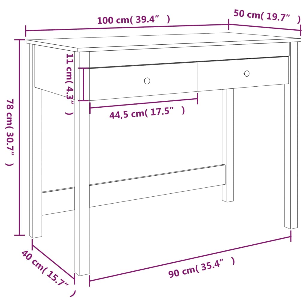 vidaXL Bureau met lades 100x50x78 cm massief grenenhout grijs