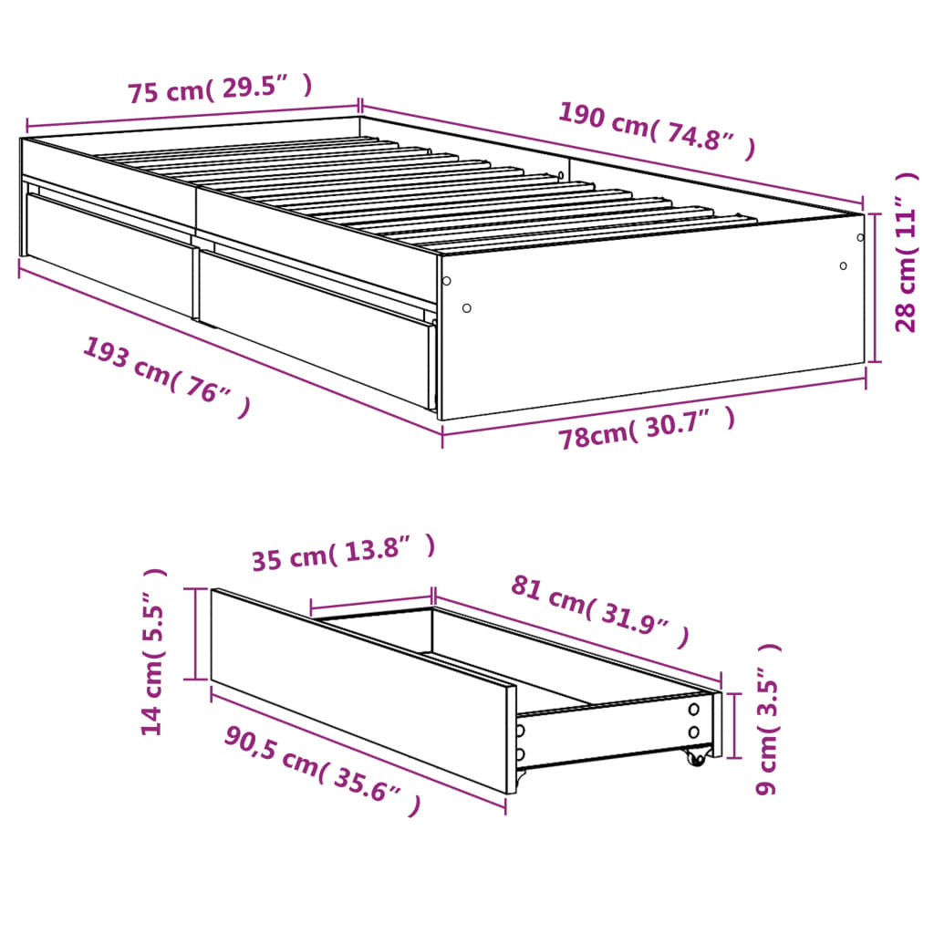 vidaXL Bedframe met lades bewerkt hout grijs sonoma eiken 75x190 cm