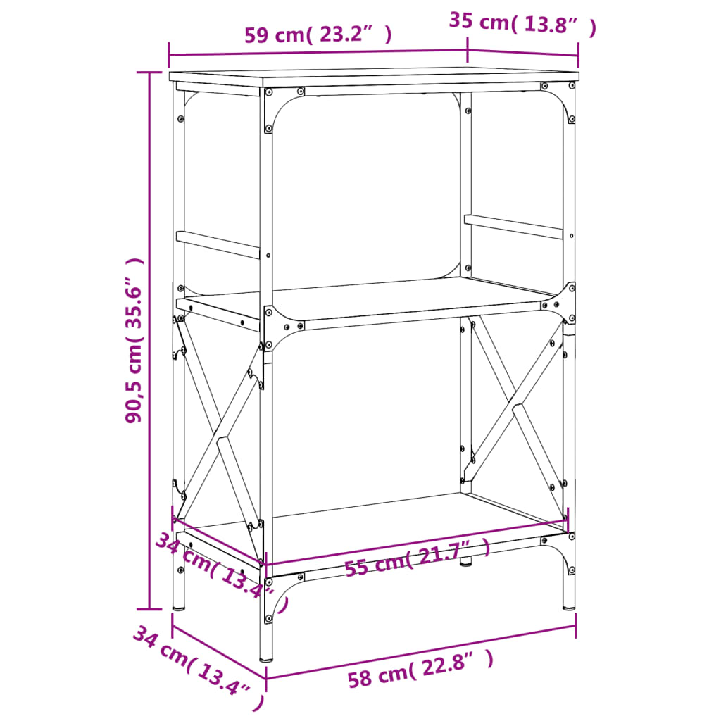 vidaXL Boekenkast 3-laags 59x35x90,5 cm bewerkt hout bruin eikenkleur