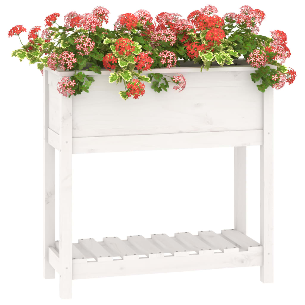 vidaXL Plantenbak met schap 82,5x34,5x81 cm massief grenenhout wit