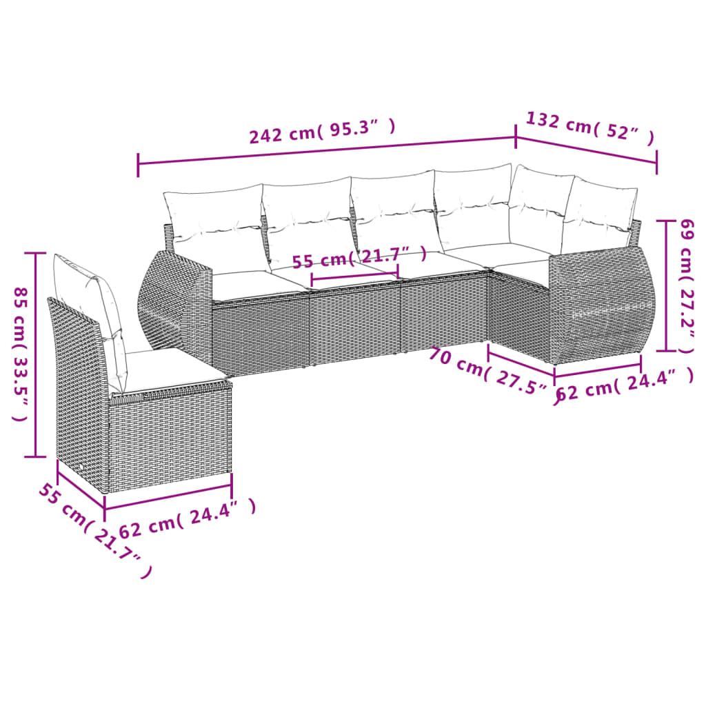 vidaXL 6-delige Loungeset met kussens poly rattan grijs