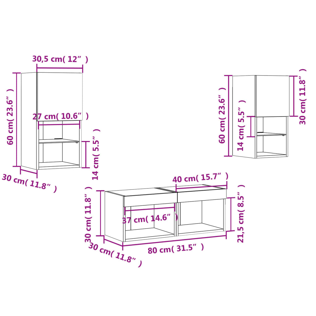 vidaXL 4-delige tv-wandmeubelset met LED-verlichting bruin eikenkleur