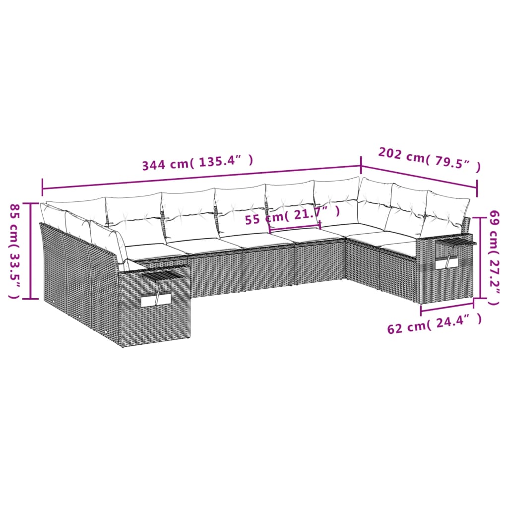 vidaXL 10-delige Loungeset met kussens poly rattan grijs