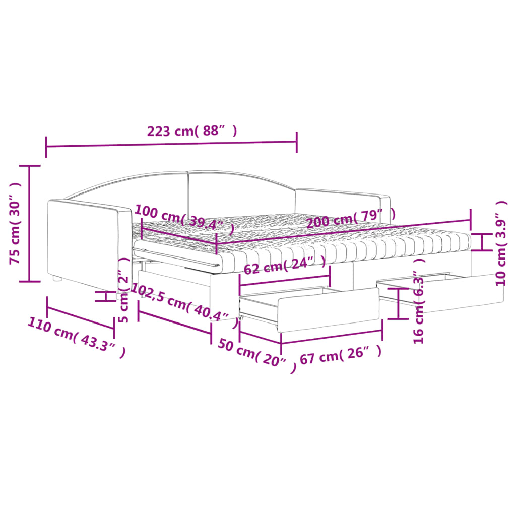 vidaXL Slaapbank onderschuifbed en lades 100x200 cm stof lichtgrijs