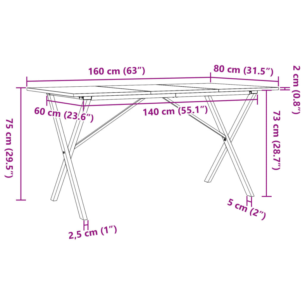 vidaXL Eettafel X-frame 160x80x75 cm massief grenenhout en gietijzer