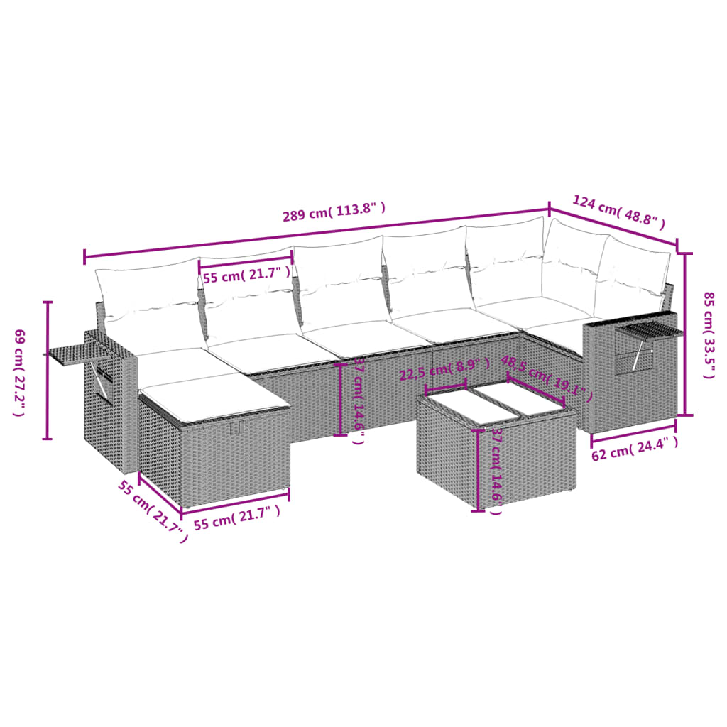 vidaXL 8-delige Loungeset met kussens poly rattan grijs