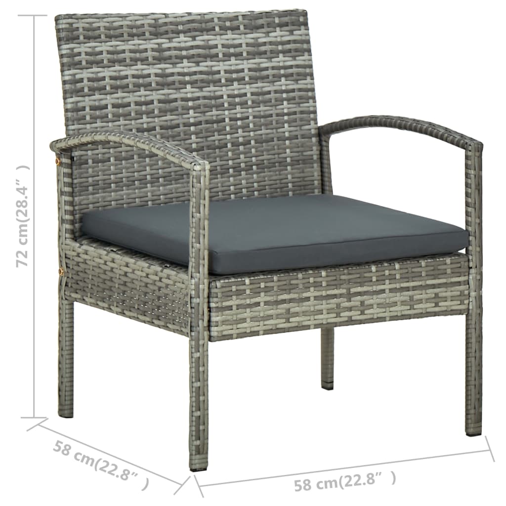 vidaXL 3-delige Bistroset met kussens poly rattan grijs