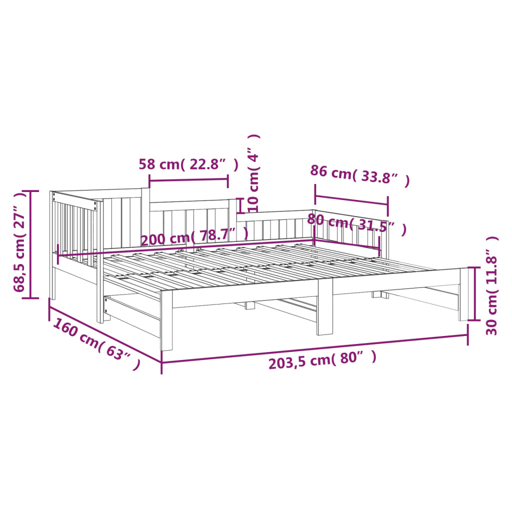 vidaXL Slaapbank uitschuifbaar 2x(80x200) cm massief grenenhout wit