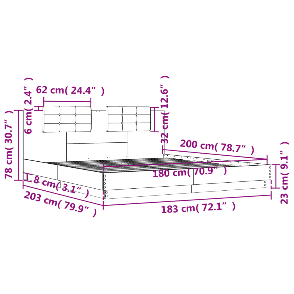 vidaXL Bedframe met hoofdeinde bewerkt hout grijs sonoma 180x200 cm