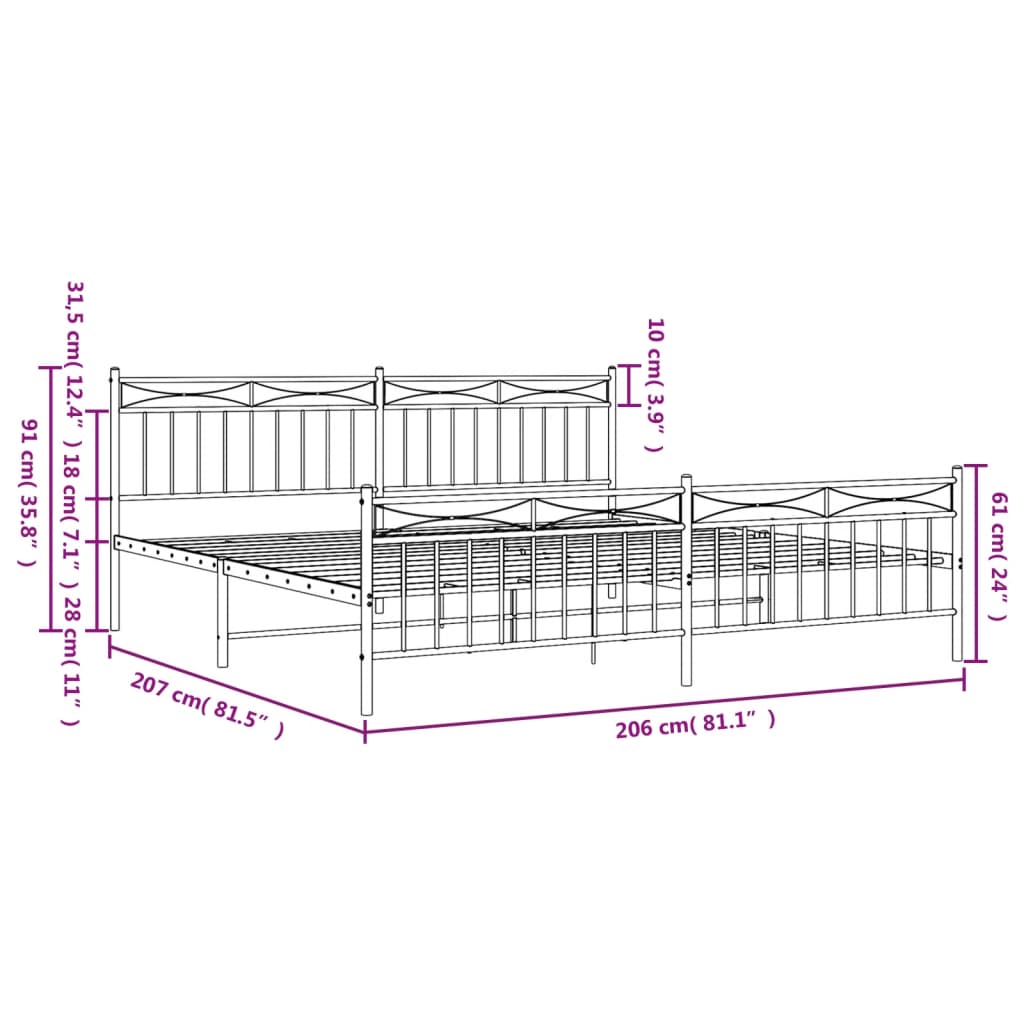 vidaXL Bedframe met hoofd- en voeteneinde metaal zwart 200x200 cm