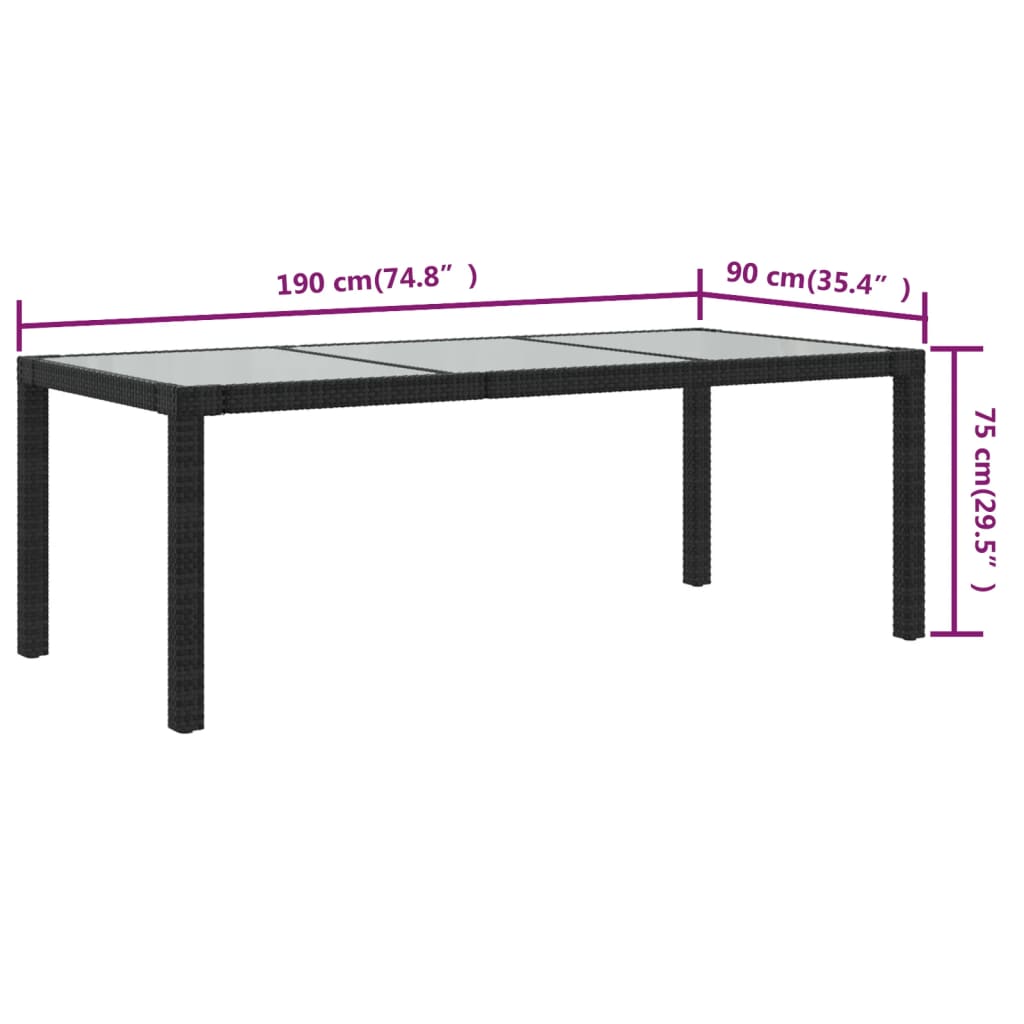 vidaXL Tuintafel 190x90x75 cm gehard glas en poly rattan black