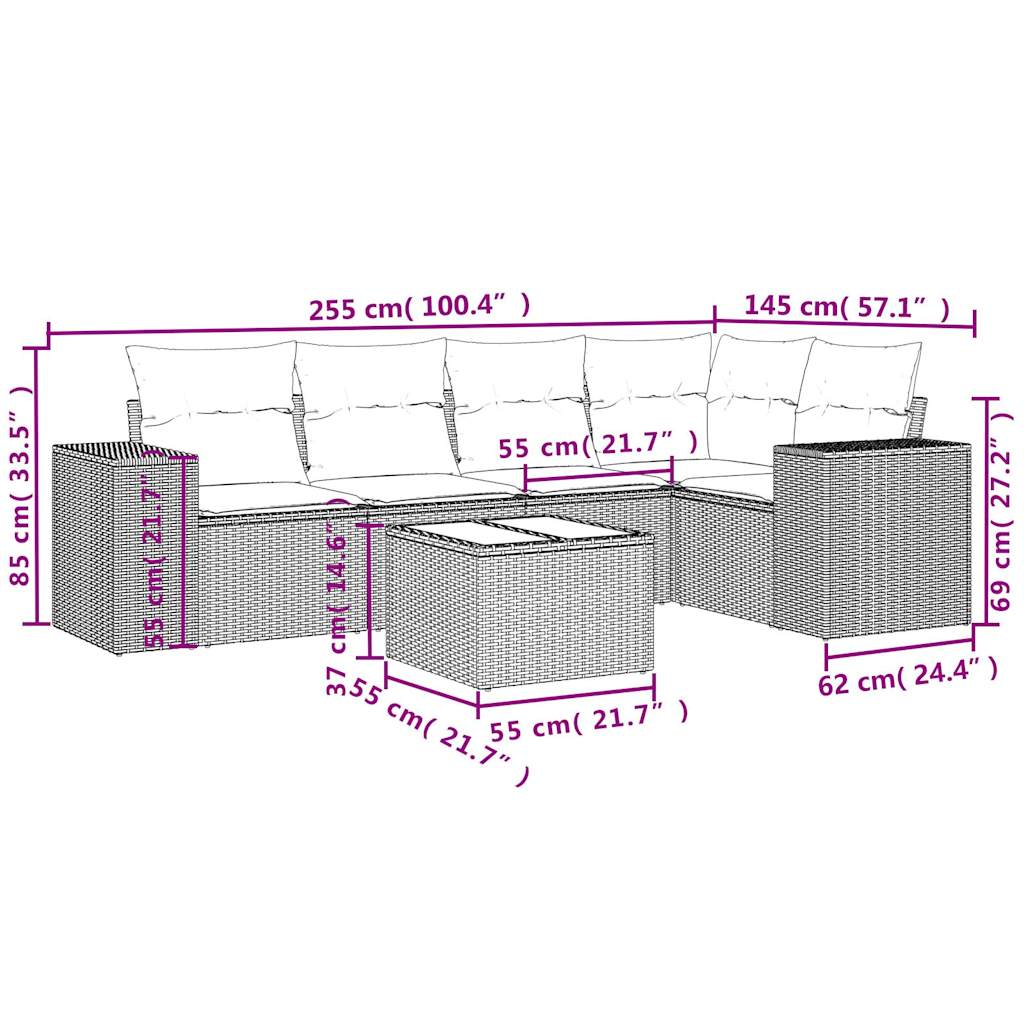 vidaXL 6-delige Loungeset met kussens poly rattan zwart