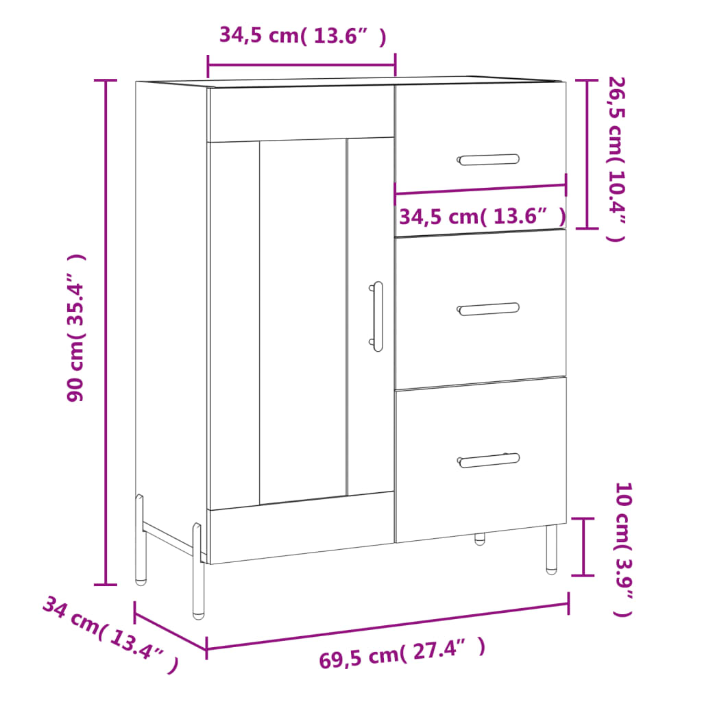 vidaXL Dressoir 69,5x34x90 cm bewerkt hout hoogglans wit