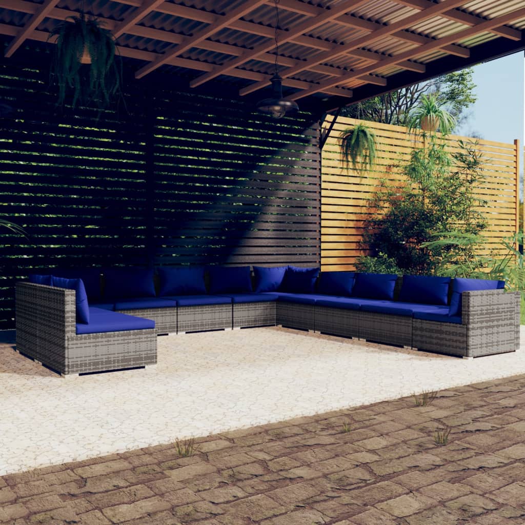 vidaXL 11-delige Loungeset met kussens poly rattan grijs