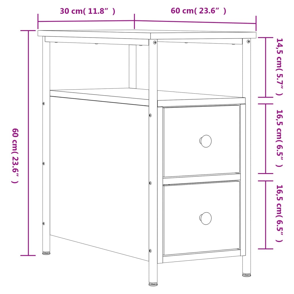 vidaXL Nachtkastjes 2 st 30x60x60 cm bewerkt hout grijs sonoma eiken