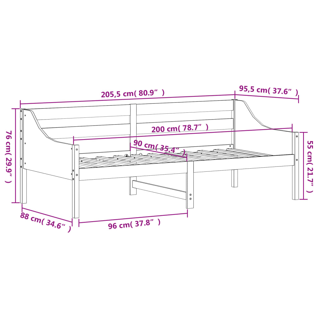 vidaXL Slaapbank zonder matras 90x200 cm massief grenenhout wit