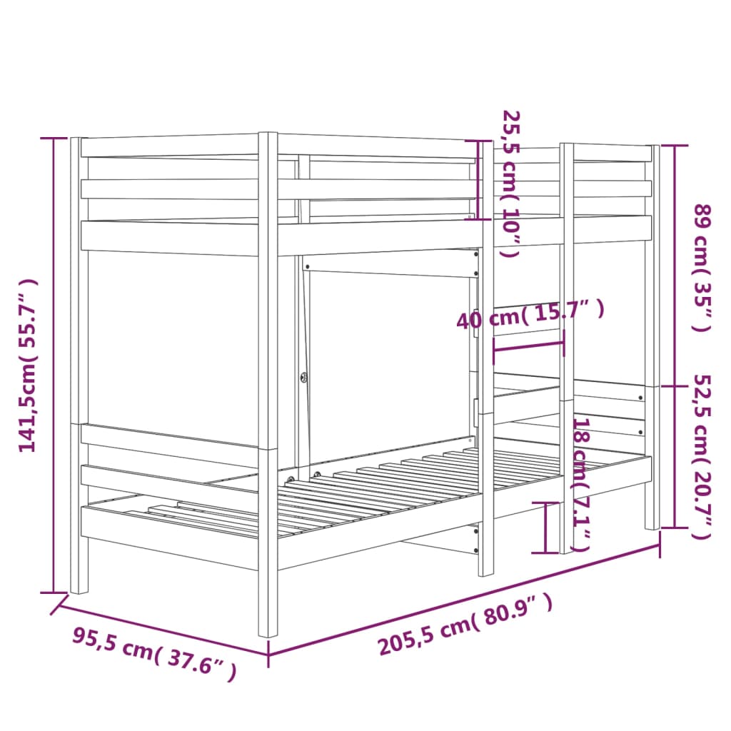 vidaXL Stapelbed massief grenenhout 90x200 cm