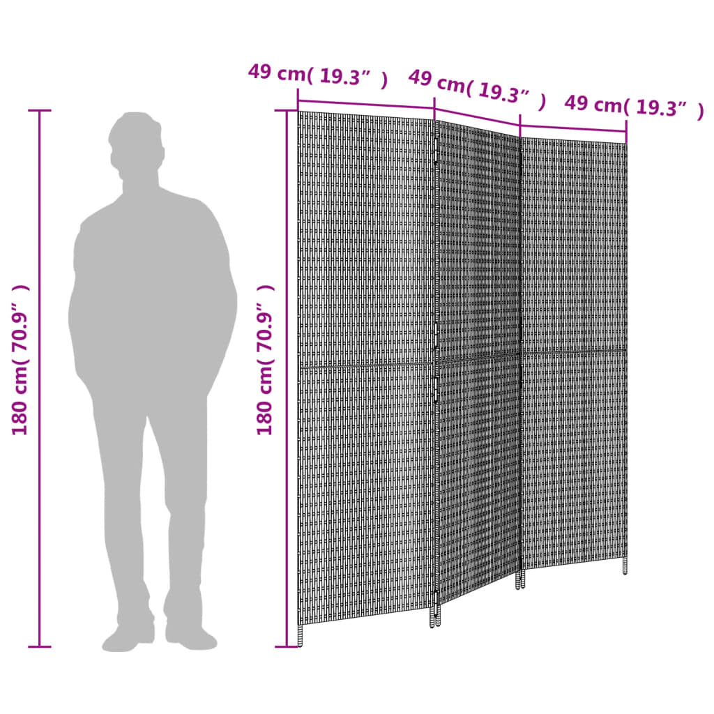 vidaXL Kamerscherm 3 panelen poly rattan grijs