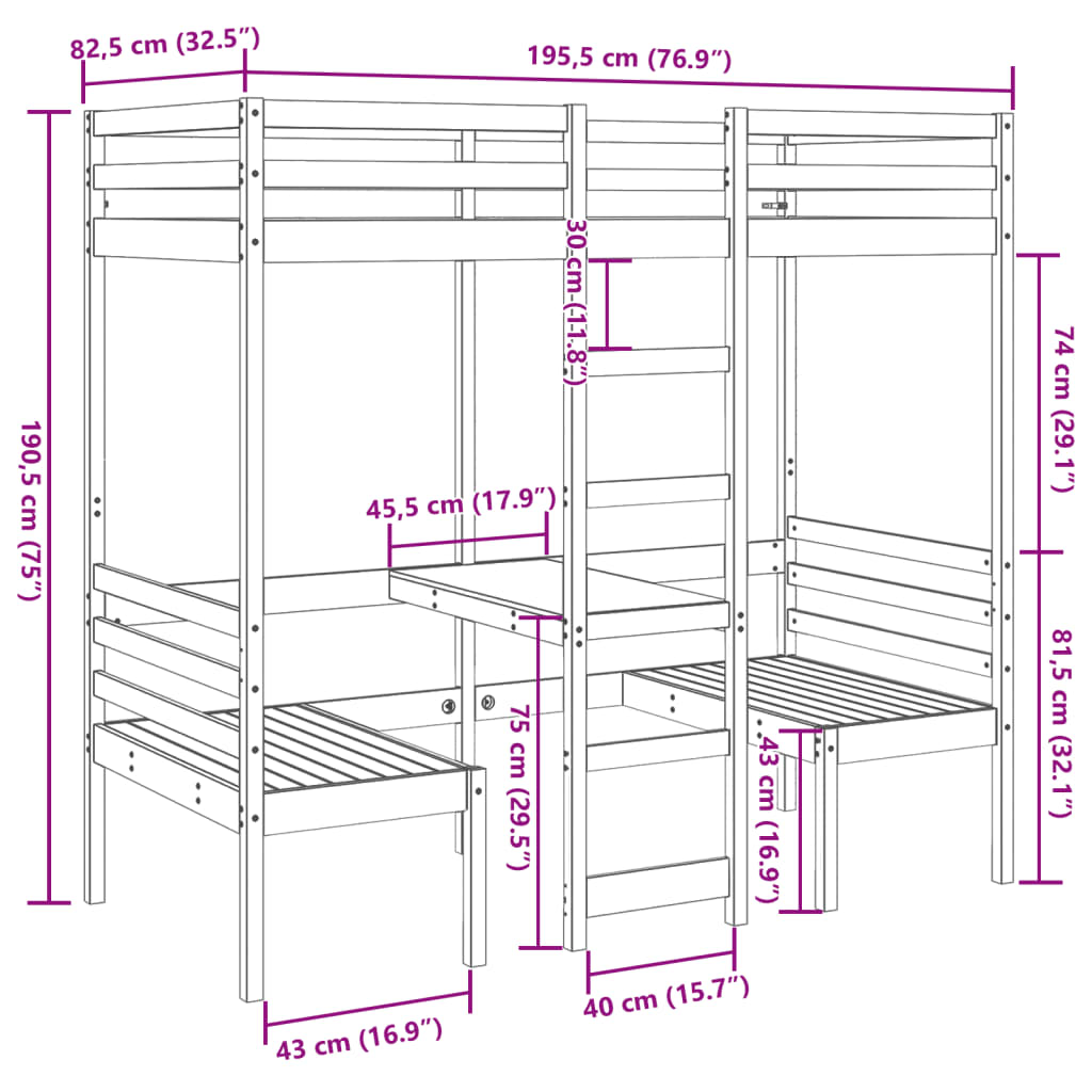 vidaXL Hoogslaper met bureau en stoelen massief grenenhout 75x190 cm