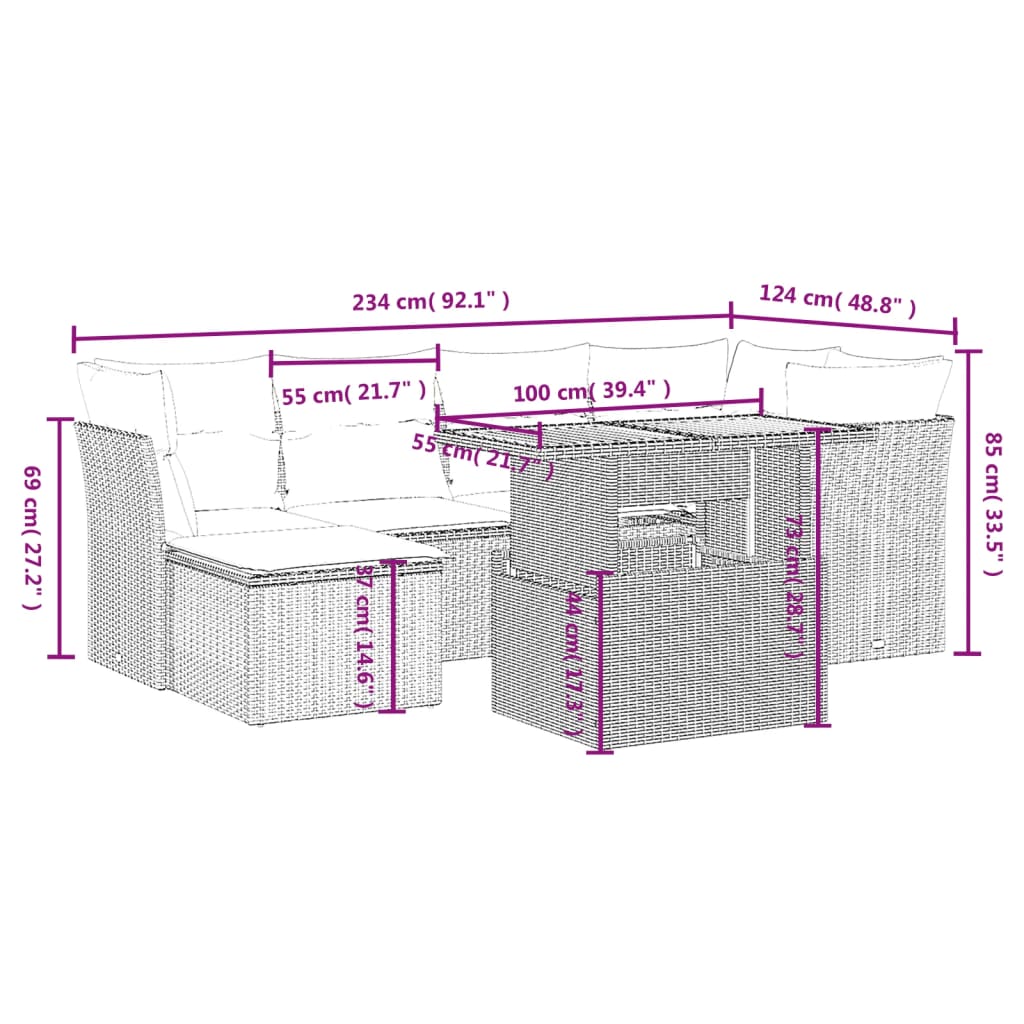 vidaXL 7-delige Loungeset met kussens poly rattan zwart