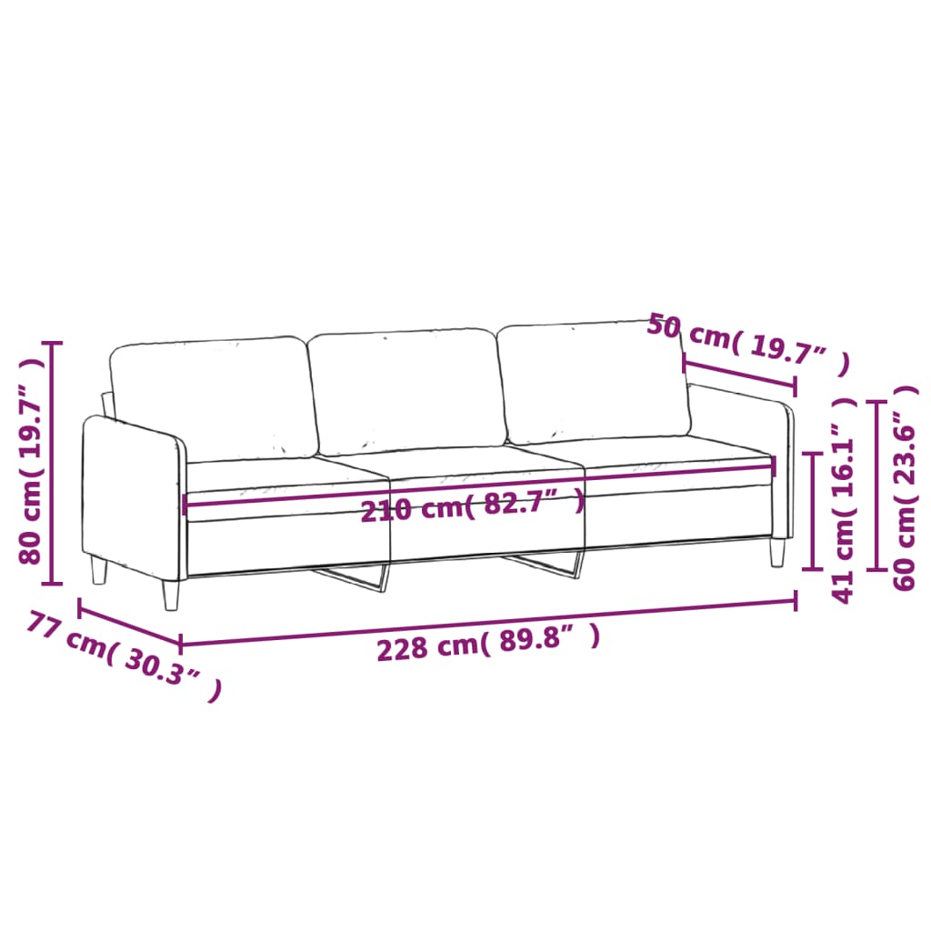 vidaXL Driezitsbank 210 cm stof lichtgrijs