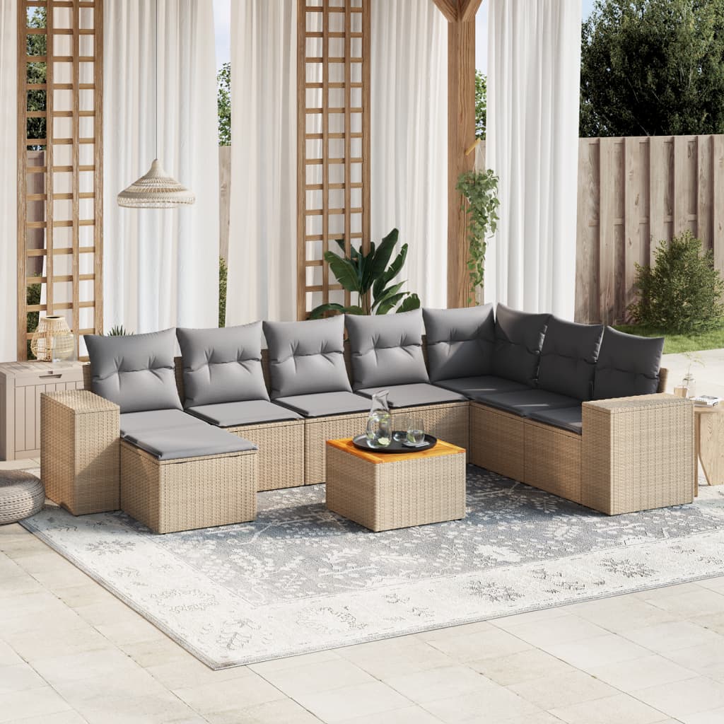 vidaXL 9-delige Loungeset met kussens poly rattan beige