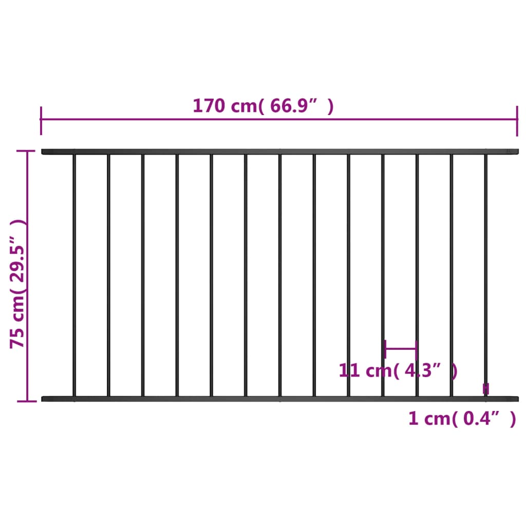 vidaXL Hekpaneel 1,7x0,75 m gepoedercoat staal zwart