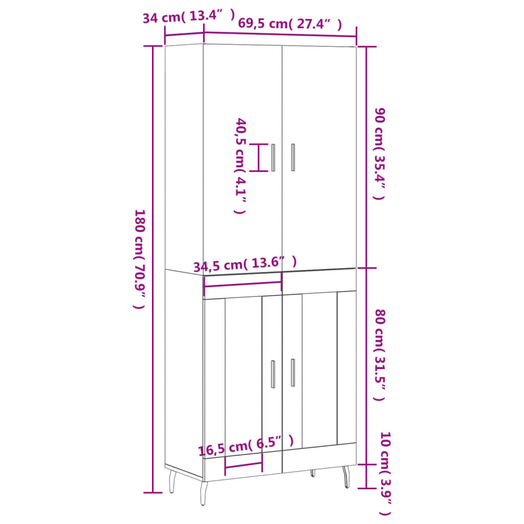 vidaXL Hoge kast 69,5x34x180 cm bewerkt hout bruin eikenkleur